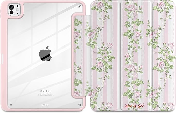 TWOLSKOO Case for iPad Pro 11-inch (M5 2025 / M4 2024), Clear Acrylic Back with TPU Bumper, Pencil Holder, Trifold Stand, Auto Sleep/Wake, Rose Vine