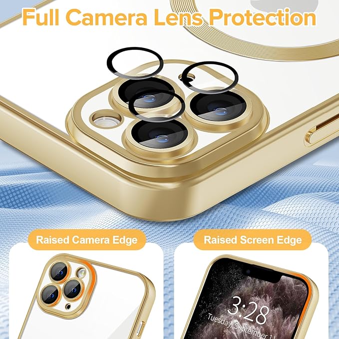 Hython Magnetic Clear for iPhone 11 Pro Case with Camera Lens Protector [Compatible with MagSafe] Luxury Plating Edge Slim Soft TPU Cover Protective Phone Case for iPhone 11 Pro 5.8", Matte Gold