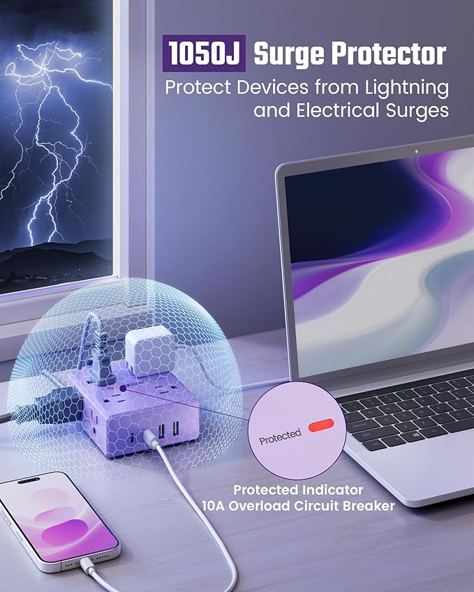 Purple Extension Cord 10Ft, Flat Plug Surge Protector Power Strip Kawaii, 8 Outlets & 4 USB Ports (2 USB C), Cute Stuff Purple Room Decor, Lavender Office Desk Accessories for Girls
