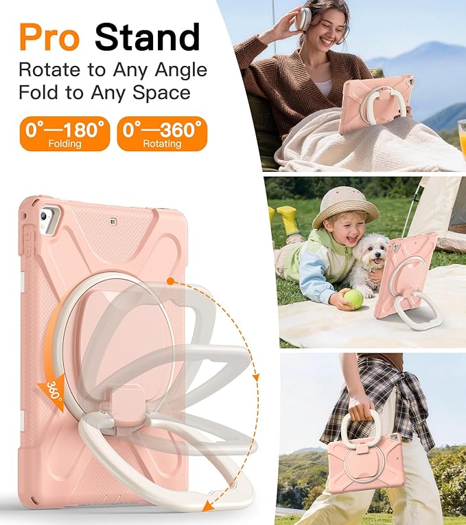 BATYUE Case for iPad 6th Generation 9.7 inch 2018, iPad 5th Gen 2017, iPad Air 2/ iPad Pro 9.7'',Shockproof Protective Cover with Pencil Holder &Rotating Bracket &Shoulder Strap(Rose Gold)