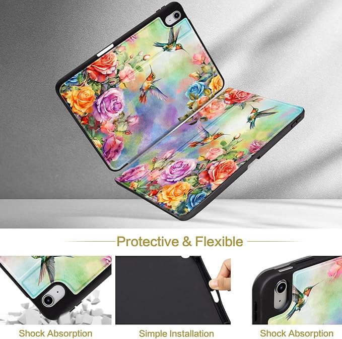 Lokigo New for iPad (A16) 11th Generation Case 11 Inch (2025), iPad 10th Generation Case 10.9 Inch (2022), Multi-Viewing Protective Stand AppleiPad A16Case, Hummingbird Floral