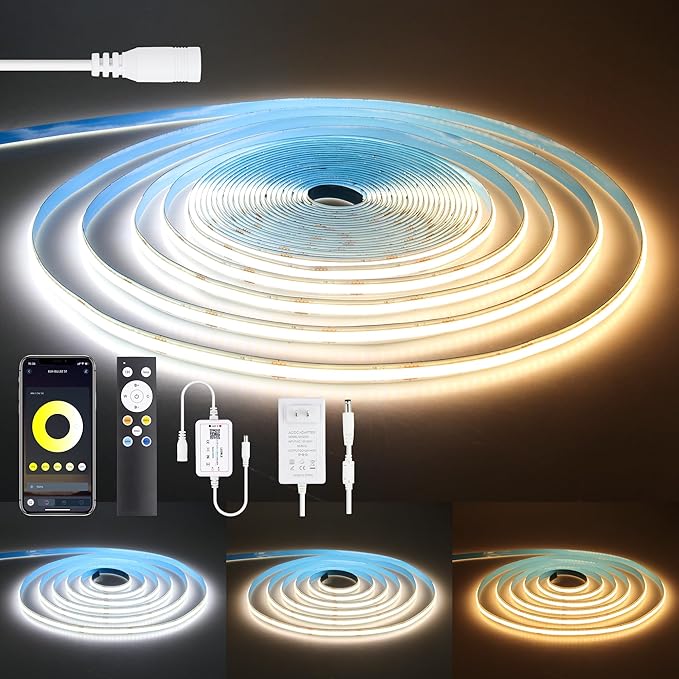 24V CCT COB LED Strip Light for Bedroom Tunable White 3000-6500K 32.8ft/10M Bluetooth App Control Led Tape Lights with Remote Self-Adhesive 480LED/M Light Strips for Under Cabinet(Include Power Supply
