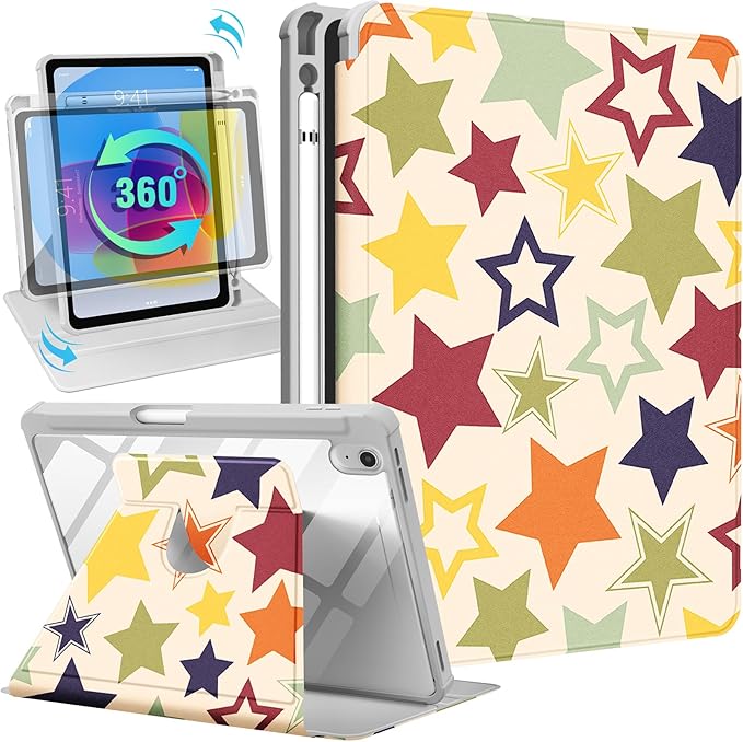 Uppuppy for iPad A16 Case for iPad 10th Generation Case 10.9 inch - 360 Degree Rotating Stand Folio Smart Cover with Pencil Holder for Women Girls, Colorful Stars for Apple Tablet 10th 2022/11th 2025