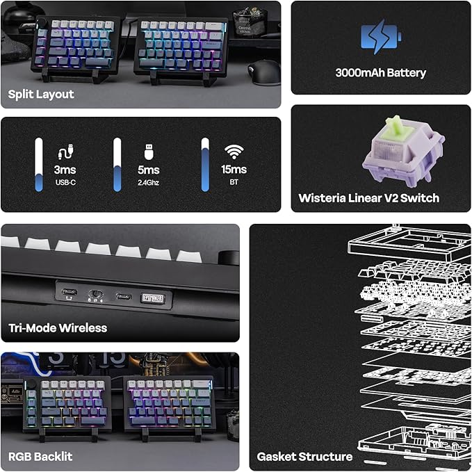 EPOMAKER Split70 Wireless Ergonomic Keyboard with QMK/VIA and Knob, Mechanical Gaming Keyboard with RGB, Hot-Swap, Creamy Linear Switch, PBT Keycap, Mac Modifier, Gasket, 70% Split Layout (Black)