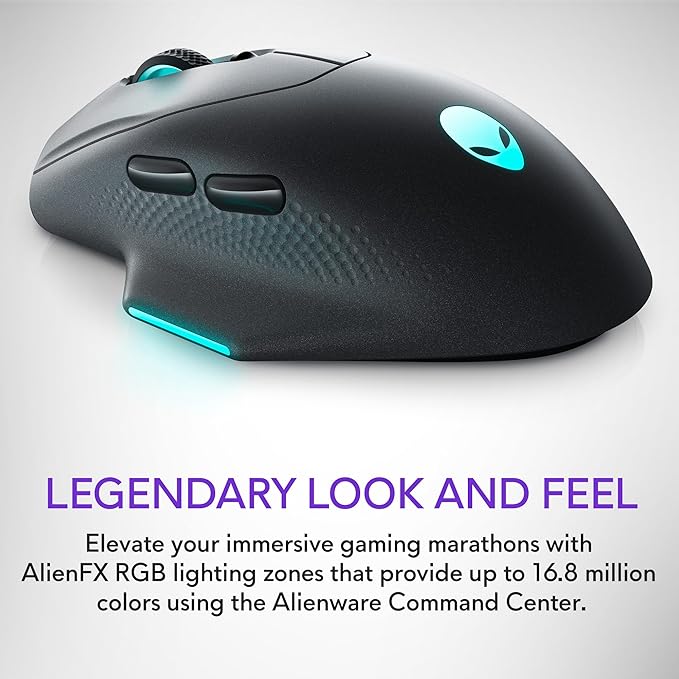 Alienware Wireless Gaming Mouse AW620M - Wireless/Wired, 1 x USB - 4 pin USB Type A, 26000 dpi, 3.52oz (99g) Weight, 7 Buttons, Non-Slip Grip, up to 140 Hours of Gaming - Dark Side of The Moon