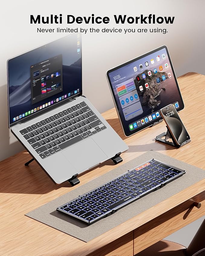 ProtoArc Backlit Foldable Keyboard, XK01 Plus Folding Portable Bluetooth Keyboard for Travel, True Full Size External Wireless Keyboards with Backlight for iPad Tablet Smartphone Laptop - Gray