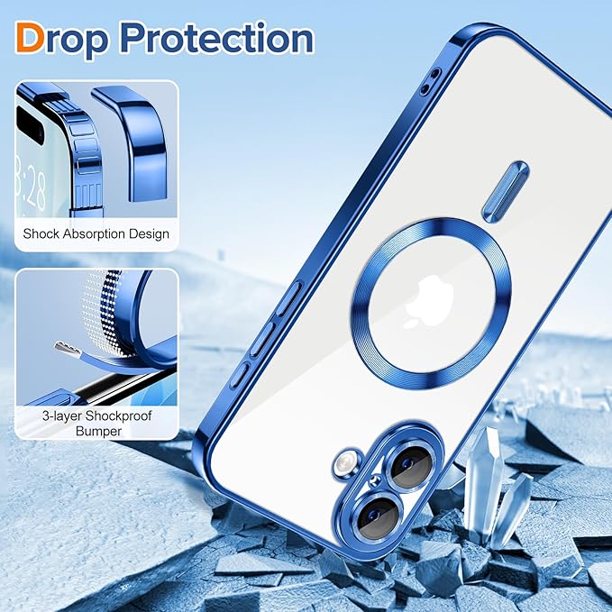 Hython Magnetic Clear for iPhone 17 Case with Camera Lens Protector [Compatible with MagSafe] Luxury Plating Edge Slim Soft TPU Cover Protective Phone Case for iPhone 17 6.3", Deep Blue