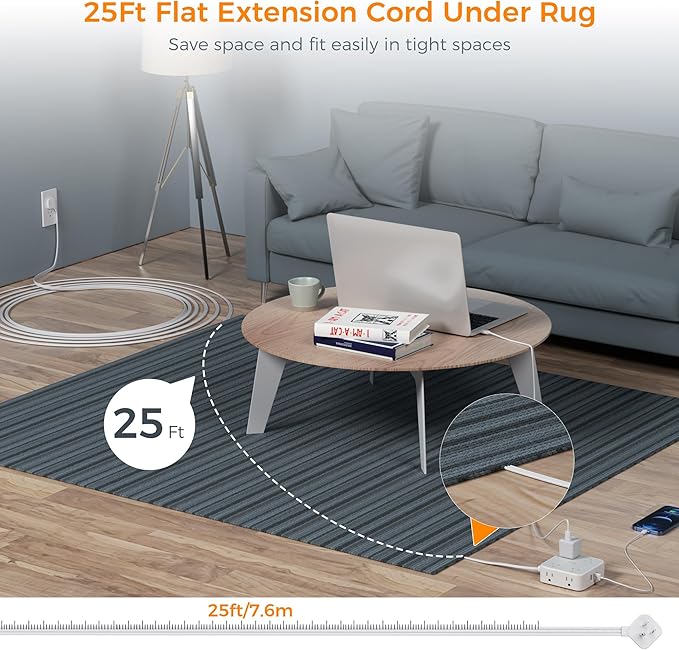 TESSAN Surge Protector Power Strip, 25 Ft Flat Plug Extension Cord with 3 USB (1 USB C) 8 Outlets, 1250W, 900J Protection, 3 Sided Outlet Extender with Power Switch for Office, Dorm Room, Grey