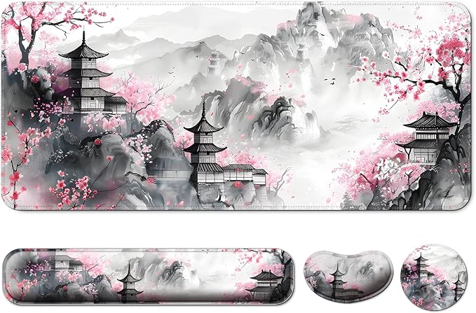 Keyboard Wrist Rest + Mouse Pad with Wrist Support + Desk Mat + Coaster 4 in 1 Set,Desk Matt for Desktop,Cute Large Gaming Ergonomic Mousepad for Computer Laptop Office Home Decor-Japanese Anime