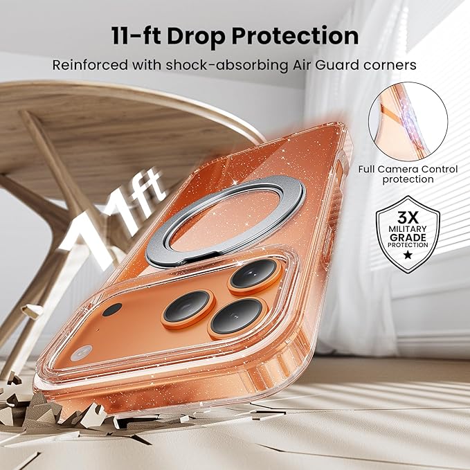 360°Ring Stand for iPhone 17 Pro Max Case with 1X Screen Protector +1X Camera Cover,Fit for MagSafe, Anti-Yellowing & Scratch-Resistant Back Phone Case for iPhone 17 Pro Max 6.9", Clear Glitter Stand