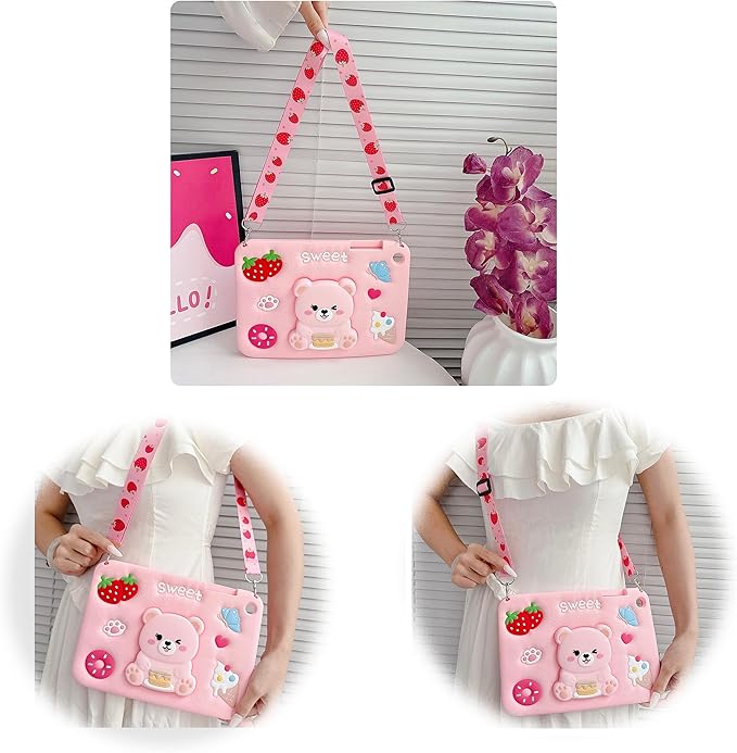 for Samsung Galaxy Tab A9 Plus Case Girls - with Shoulder Strap & Rotating Stand Cute Pink Bear 3D Cartoon for Kids Soft Silicone Protector Samsung A9 Tablet 2023