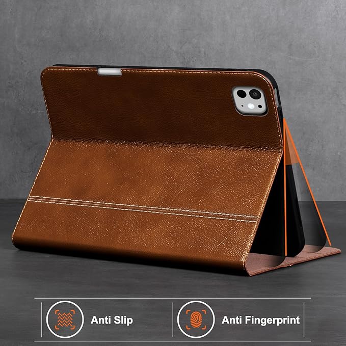 Gexmil Genuine Leather Case for iPad Pro 11 Inch (M5/M4) 2025/2024 with Pencil Holder,Protective Shockproof Leather Smart Folio Cover Adjustable Stand Auto Sleep/Wake Anti-Slip,Yellow Brown