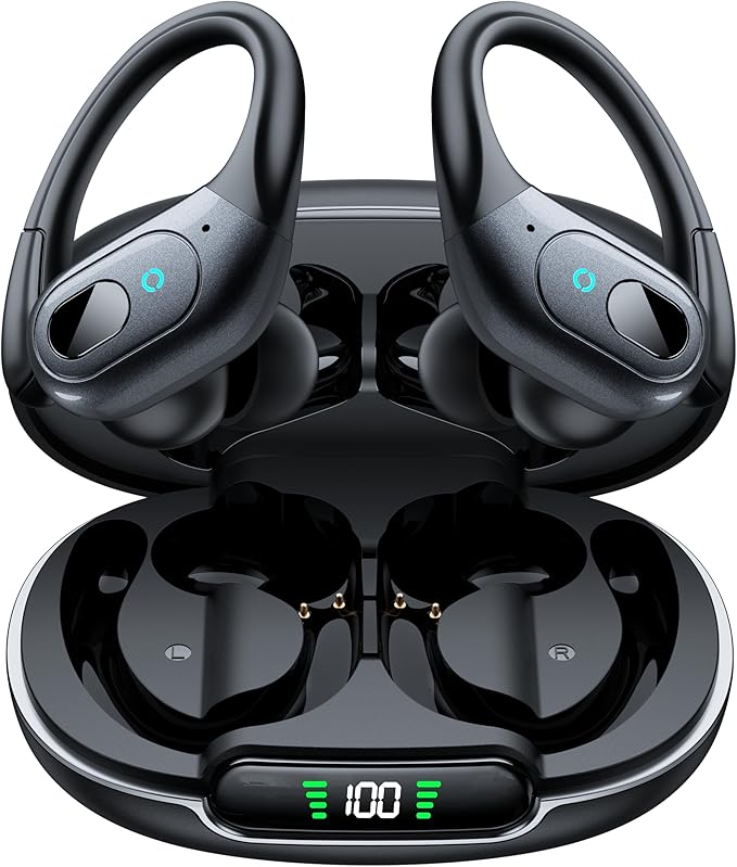 occiam Active Noise Cancelling Earbuds Wireless Bluetooth Headphones Ear Buds 90Hrs Playback Stereo Bass Earphones with Mic Over-Ear Hooks IPX7 Waterproof Headset for Work Sports Running Matte Black