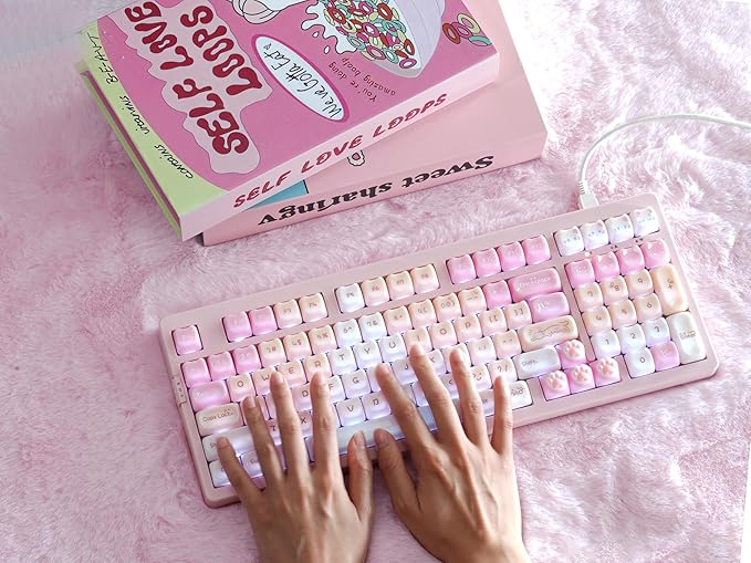 ZORNHER ZH980 Pink Mechanical Keyboard,95% Cat Keyboard Cute,Kawaii Kitty Keycaps,Pink Gaming Keyboard with Number Pad,Jelly Ceramic Keycap,Creamy Sounding Switches