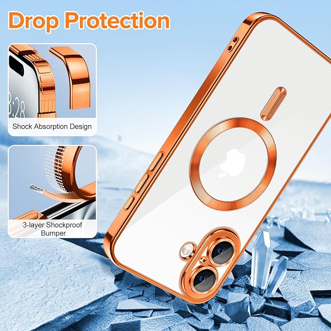 Hython Magnetic Clear for iPhone 16 Case with Camera Lens Protector [Compatible with MagSafe] Luxury Plating Edge Slim Soft TPU Cover Protective Phone Case for iPhone 16 6.1", Orange