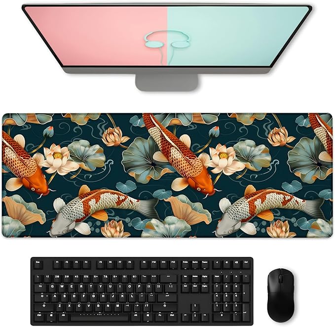 Cute Koi Fish Gaming Mouse Pad, Large Artistic Lotus and Pond Desk Mat for Laptop Keyboard Computer, Non-Slip Rubber Base Desktop Extended Mousepad for Office Home Accessories 31.5"×11.8"