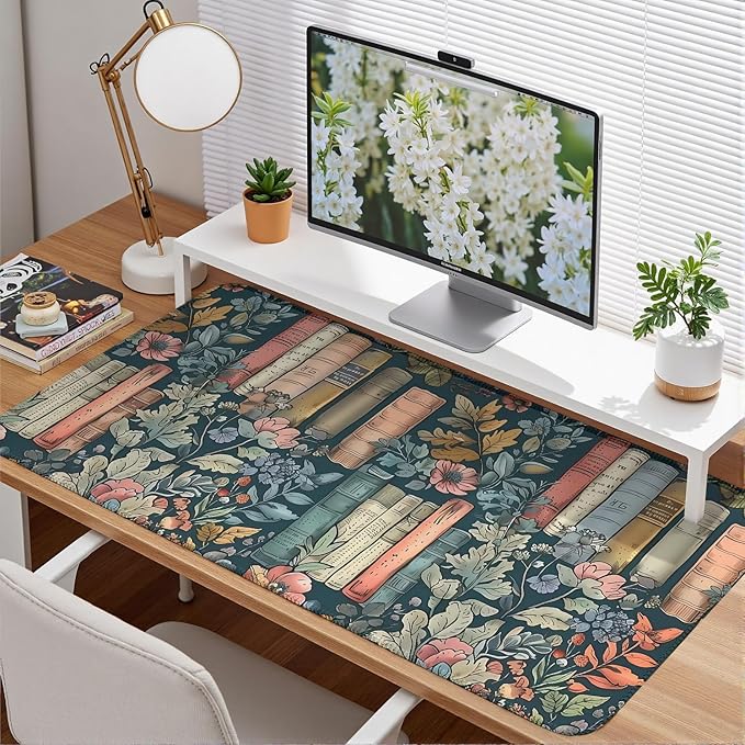 Floral Books Desk Mat Cute Desk Pad XXL Mouse Pad Colorful Mouse Keyboard Pad Flower Bookshelf Desktop Mat for Computer Laptop Aesthetic Reader's Home Decor 31.5x15.7 in