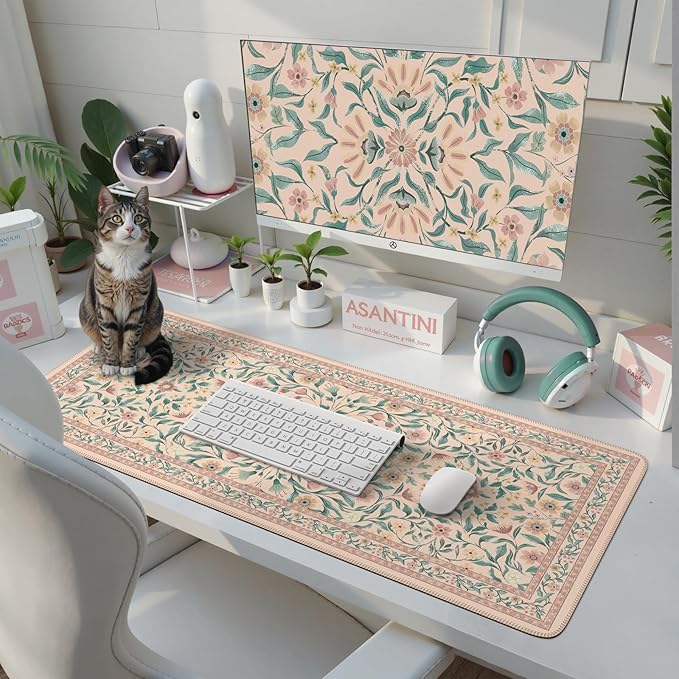 iLeadon Desk Mat for Keyboard and Mouse, Cute Mouse Pads for Computer, Non-Slip Floral Gaming Mousepad 35.4x15.7 Inch, Pink Desk Mat with Stitched Edges for Home Office (Pink)