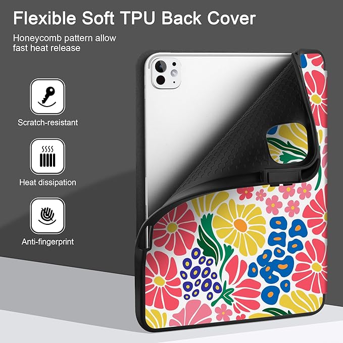 MEEgoodo Case for M5 iPad Pro 11 inch 2025/M4 iPad Pro 11 inch Case 2024, Tablet Cover with Trifold Stand & Pencil Holder & Auto Wake/Sleep & Soft TPU Back Cover, Groovy Flower