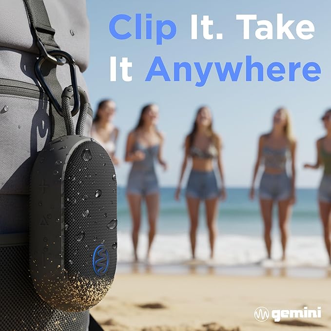 Gemini Mini Bluetooth Speaker - Small Portable Waterproof with Carabiner, Compact Travel Design, IPX7 Shower Proof, 12Hr Battery, TWS Pairing for Outdoors, Beach, Hiking (BEATORB)