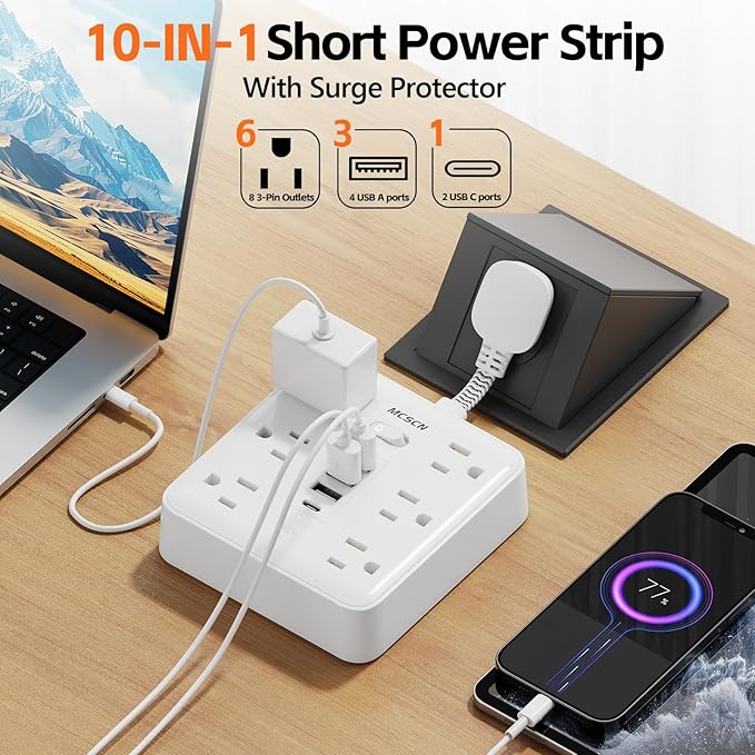 Portable Slim Flat Plug Surge Overload Protector Power Strip Wall Outlet with 6 AC Power Outlets 4 USB(1C) for Home Office Dorm Travel Essentials Fire and Reach 100-125V 15A 1875W UL