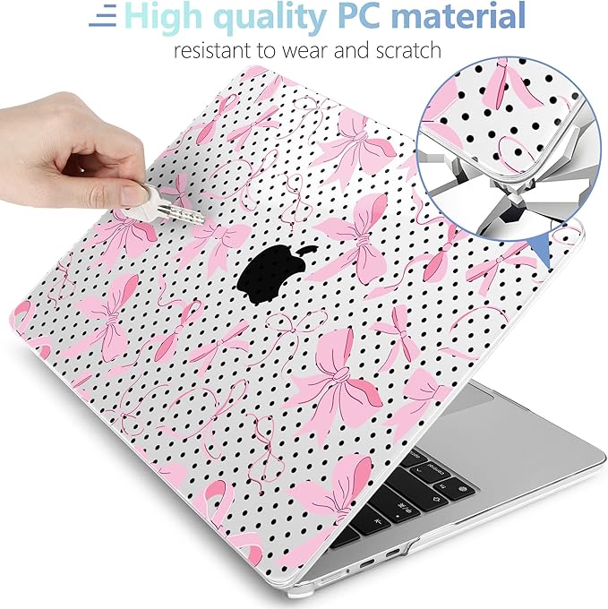MEEgoodo Case for M5/M4/M3/M2 MacBook Air 15 inch Case 2026 2025 2024 2023, Laptop Shell Fit Model (A3448/A3241/A3114/A2941) for MacBook Air 15.3-inch, Black Polka Dots&Pink Bows