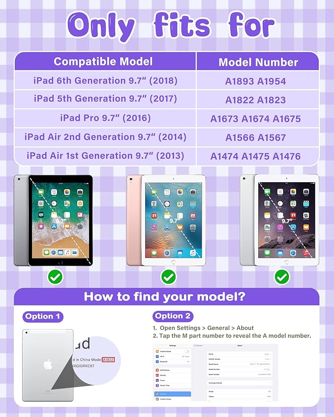 Kids Case for iPad 5th/6th Generation (9.7 inch, 2017/2018) & iPad Air 1/2 9.7" & Pro 9.7, Durable Shockproof Lightweight Kids Cover with Shoulder Strap/Handle/Kickstand, Light Purple