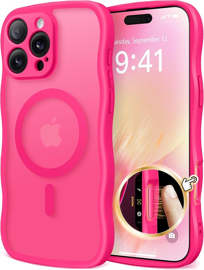 CAPRARO for iPhone 16 Pro Max Case for Women Girls, Upgraded [Full Camera Protection] [Compatible with MagSafe] Cute Wave Translucent Matte Phone Case for iPhone 16 Pro Max, Hot Pink