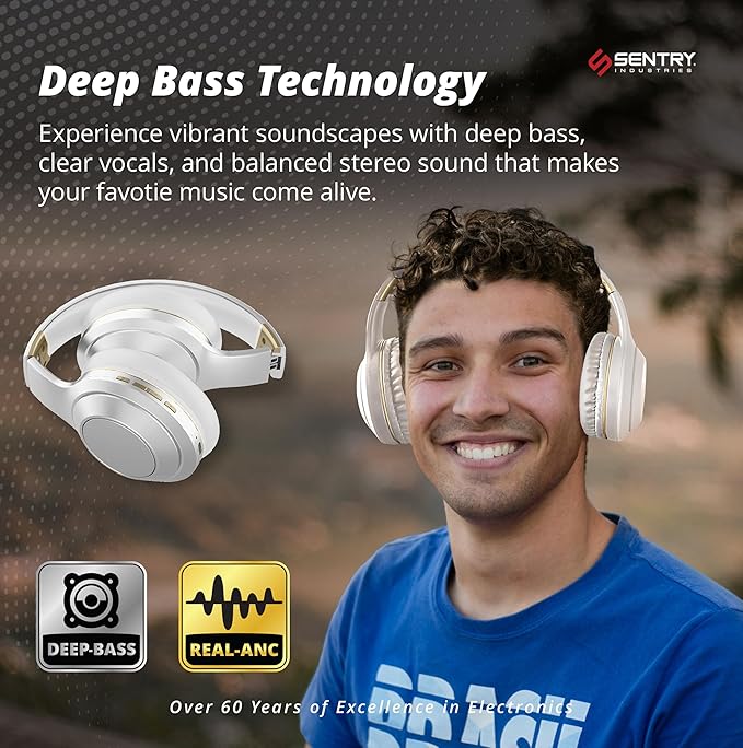 SENTRY OSH Over Ear Bluetooth Wireless Headphones, Active Noise Canceling -20dB Reduction, 22 Hour Battery Life, Control Buttons, Built in Microphone, USB C Charging and Carrying Case Included (White)
