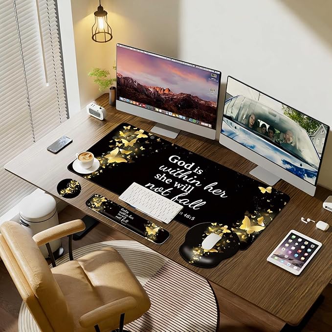 Desk Mat Set + Keyboard and Mouse Pad with Wrist Rest Support,4-in-1 Large Mousepad Computer Mats for Desktop Home & Office-Golden Butterflies
