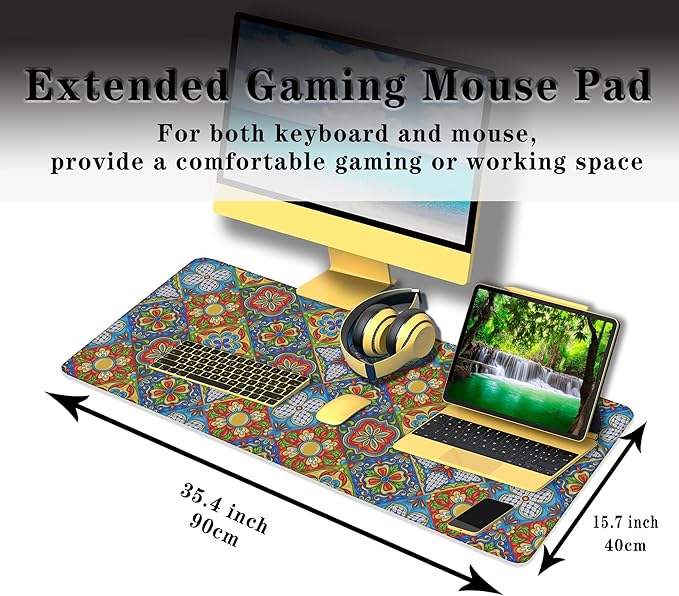 Extra Large Mouse Pads Gold Pad for Mouse Gaming Mousepad Computer Mat Large Mouse Mat Non-Slip Rubber Base 35.4 X 15.7 for Game Office, Mexican Talavera Ceramic Tile Pattern