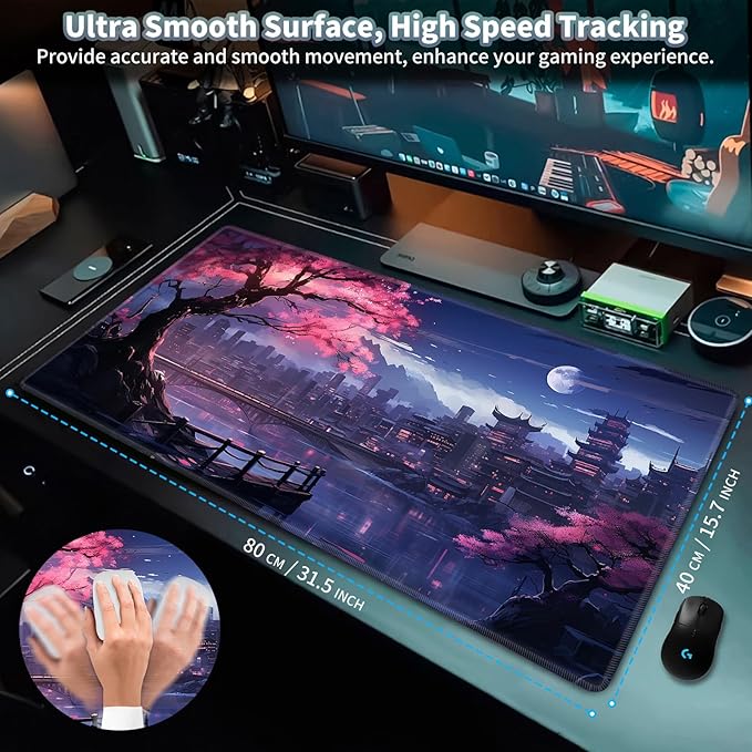 Gaming Mouse Pad, Keyboard Mouse Pad 31.5x15.7 inch XXL Large Computer Laptop Cool Desk Mat with Non-Slip Rubber Base and Stitched Edge for Home Office Work, Japanese Night View Cherry