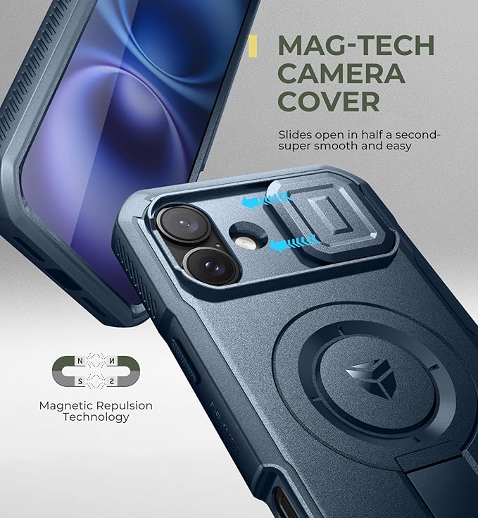 Dexnor for iPhone 16 Plus Case with Slide Camera Cover&Adjustable Kickstand & Built-in Screen Protector,Compatible with MagSafe Shockproof Bumper Cases Heavy-Duty Magnetic Protective Cover,Navy Blue