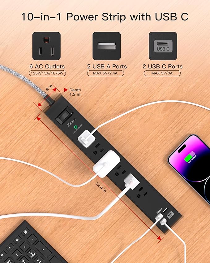 2 Pack Surge Protector Power Strip, Slim Flat Plug, Braided Extension Cord, 5-Foot, 900 Joules, 6 Outlets 4 USB Ports, Wall Mount for Home Office Dorm