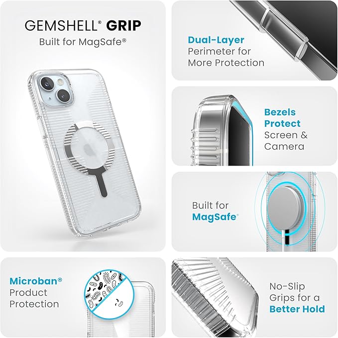 Speck Clear iPhone 15 Plus Case - Slim, Built for MagSafe, Drop Protection Grip - for iPhone 15 Plus & iPhone 14 Plus - Scratch Resistant, Anti-Yellowing, 6.7 Inch Phone Case - GemShell Grip Clear