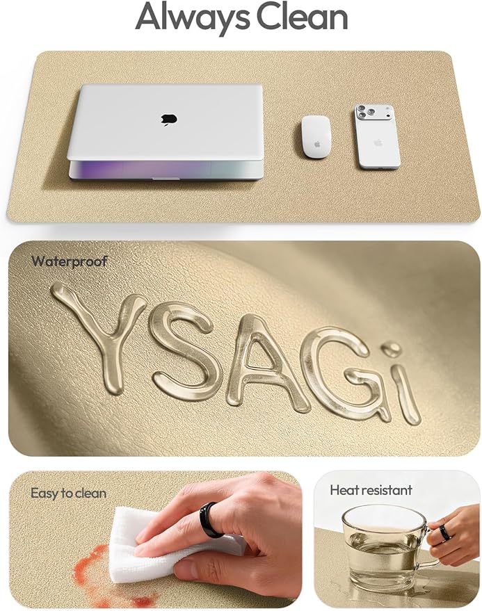 YSAGi Leather Desk Pad Protector, Office Desk Mat, Large Mouse Pad, Non-Slip PU Leather Desk Blotter, Laptop Desk Pad, Waterproof Desk Writing Pad for Office and Home (Gold, 23.6" x 13.8")
