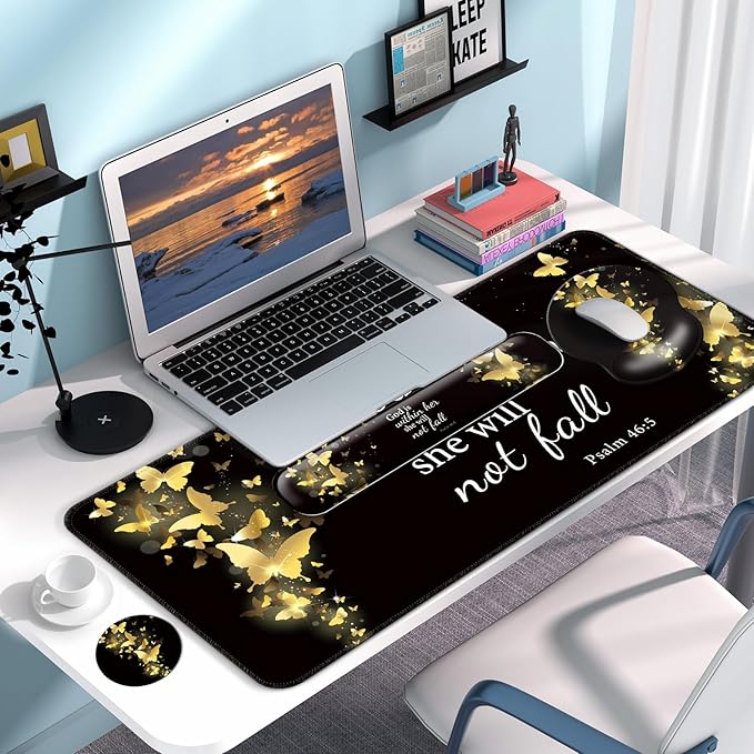 Desk Mat Set + Keyboard and Mouse Pad with Wrist Rest Support,4-in-1 Large Mousepad Computer Mats for Desktop Home & Office-Golden Butterflies