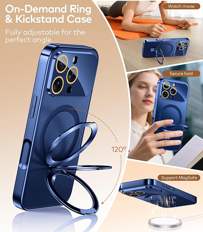 TOBOVON Magnetic for iPhone 16 Pro Case with Ring Stand, Fits MagSafe, with Built-in Camera Lens Protector, Slim Electroplated Shockproof Phone Cover, Blue