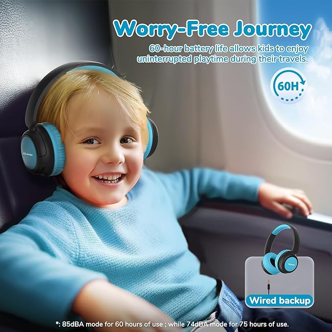 iClever BTH22 Kids Bluetooth Headphones, 60H Play Time, 74/85 dBA Safe Volume, Bluetooth 5.4, USB C, Over Ear Kids Headphones Wireless with Mic AUX Cord for iPad/Tablet/Travel/School (Black/Blue)