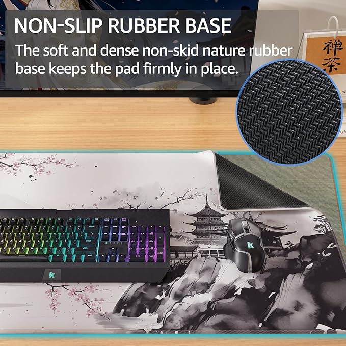 KTRIO Large Gaming Mouse Pad Desk Mat, Superior Micro-Weave Cloth, Non-Slip Rubber Base, Stitched Edges, Water-Resistant, for Gamer, Office & Home, 31.5 x 15.7 Inch, Zen Sakura