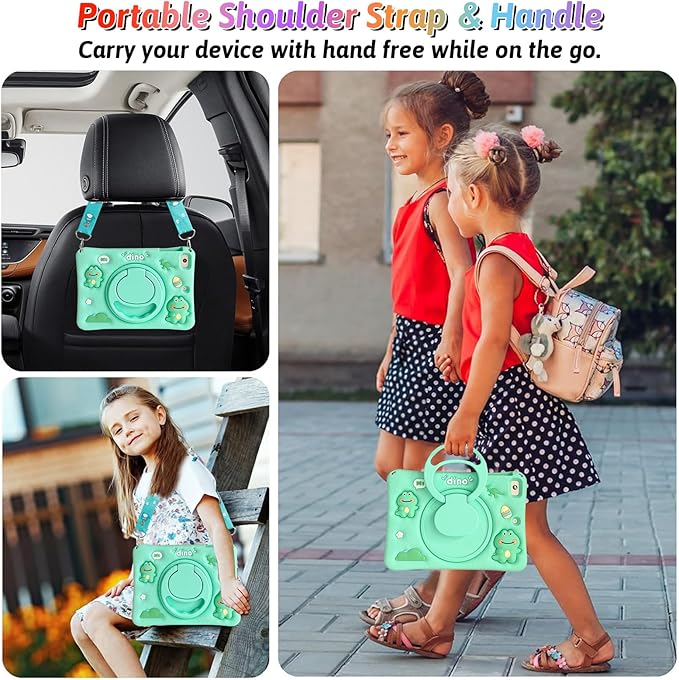 Dteck for iPad Pro 11 Case 2022/2021/2020/2018,iPad Air 5/4 Case,Cute Cartoon 3D Unique Rotating Handle Stand Shoulder Strap Soft Silicone Funda Rugged Shockproof Protective Kid-Proof Case,Dinosaur