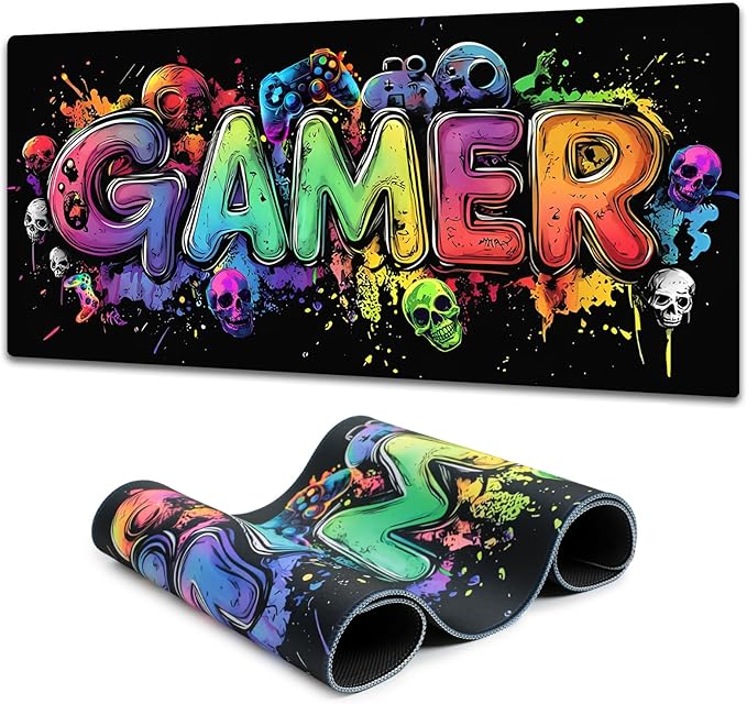 Gamer Blacklight Mouse Pad – UV Reactive Neon Gaming Desk Mat with Skull Design, Waterproof Extended Large Mousepad with Non-Slip Rubber Base for Computer Keyboard – 31.5" x 11.8"