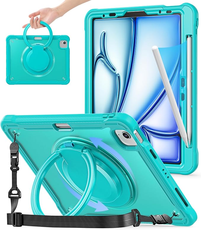 BATYUE Case for iPad Air 11-inch M4(2026)/M3(2025)/M2(2024), iPad Air 4/5 10.9" & Pro 11" 2018-2022 - Shockproof Case with 360° Rotating Stand & Handle, Pencil Holder, Shoulder Strap, Light