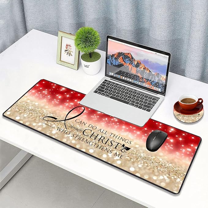 Extended Gaming Mouse Pad with Stitched Edges, Large Anti-Slip Mouse Pad (31.5x11.8 Inches) Desk Pad Keyboard Pad + Coaster for Work/Gamer/Home, Bible Verse Pink Philippians 4-13