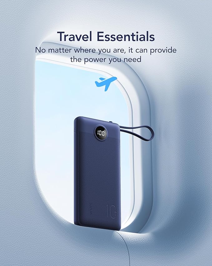 VRURC Portable Charger for iPhone, USB C Power Bank 10000mAh, Slim Travel Battery Pack Built in Cables & Lanyard, 5 Output 2 Input Portable Phone Charger for iPhone 17 16 15 14 13, Samsung-Navy