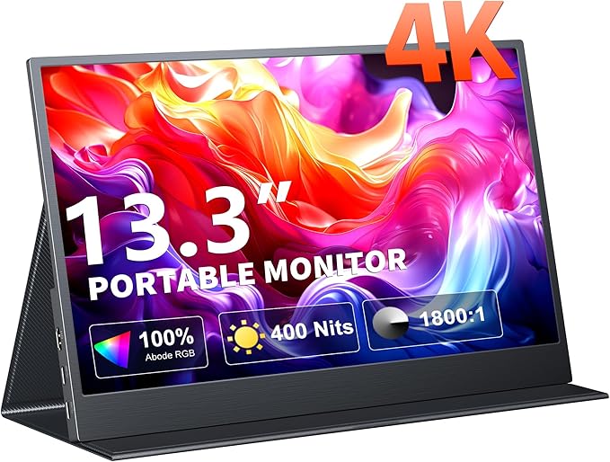 4K Portable Monitor, 13.3" UHD IPS Portable Laptop Screen, Second Screen Dual USB C HDMI Computer Gaming Display with Speakers, Travel Monitor for PC Phone PS4/5 Xbox Switch