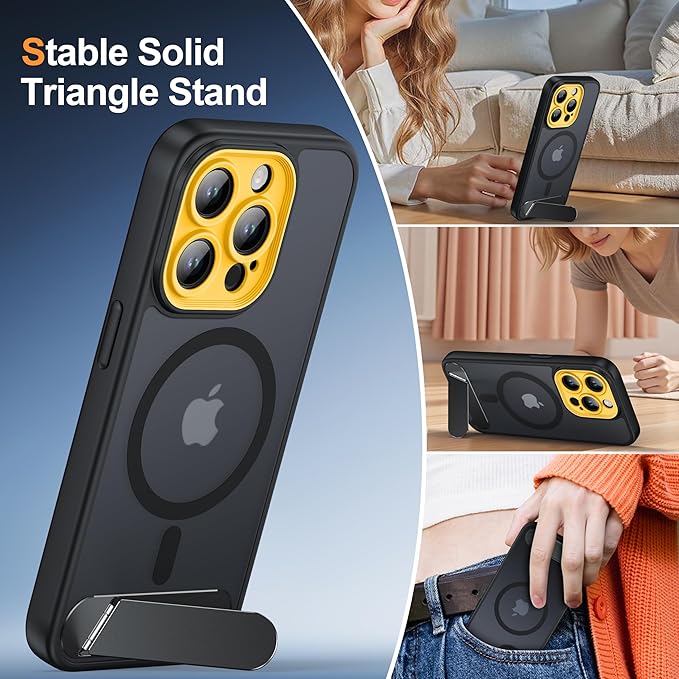 Magnetic Compatible with iPhone 15 Pro Case, [Built-in Kickstand][Full Camera Protection][Compatible with MagSafe][Anti-Fingerprint] Shockproof Phone Case for iPhone 15 Pro 6.1",Black & Yellow