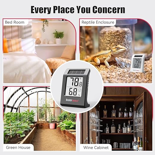 2.2'' Digital Thermometer and Hygrometer Meter, Solar-Powered Indoor Temperature Sensor Humidity Monitor, Humidity Gauge for Baby Rooms, Bedrooms, Home, Office, and Wine Cellars, Black, 2Pack