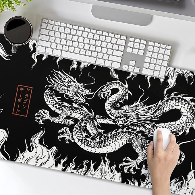 Japanese Dragon Mouse Pad XXL Black White Aesthetic Anime Extended Desk Mat 90X40 cm Non-Slip Rubber Base Stitched Edge Large Mousepad for Gaming Laptop Computer Desktop 35.4×15.7 Inch