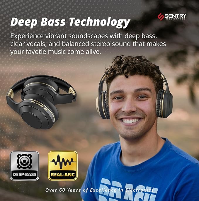 SENTRY OSH Over Ear Bluetooth Wireless Headphones, Active Noise Canceling -20dB Reduction, 22 Hour Battery Life, Control Buttons, Built in Microphone, USB C Charging and Carrying Case Included
